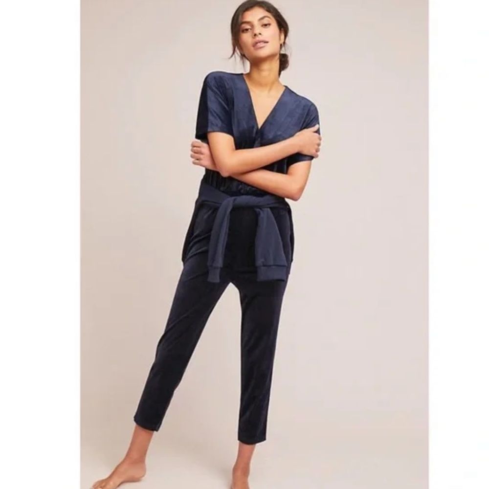 Anthropologie Saturday Sunday Navy Velour Short Sleeve Jumpsuit Size XS